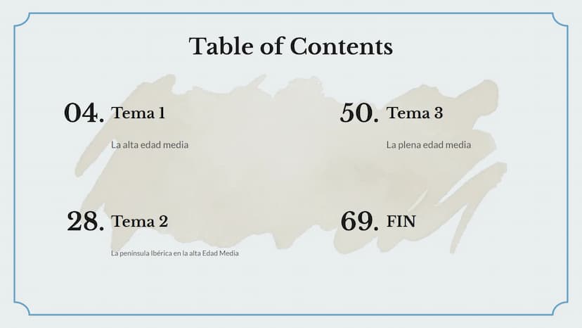 Apuntes 1°Trimestre
MB 04. Tema 1
La alta edad media
28. Tema 2
Table of Contents
La península Ibérica en la alta Edad Media
50. Tema 3
La p