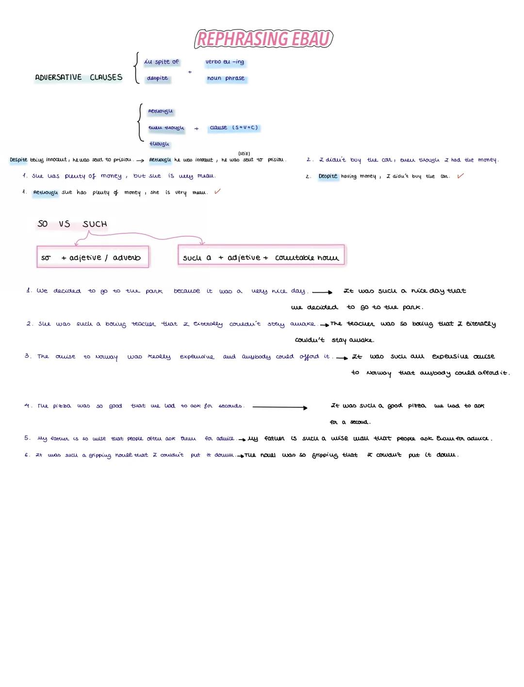 REPHRASING EBAU
iu spite of
verbo eu -ing
ADVERSATIVE CLAUSES
despite
noun phrase
Aetuousu
even though
clause (S+V+C)
though
(still)
Despite