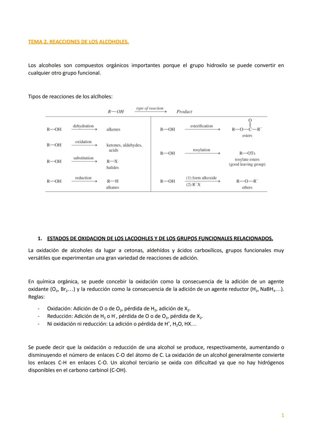 # TEMA 2. REACCIONES DE LOS ALCOHOLES.

Los alcoholes son compuestos orgánicos importantes porque el grupo hidroxilo se puede convertir en
c