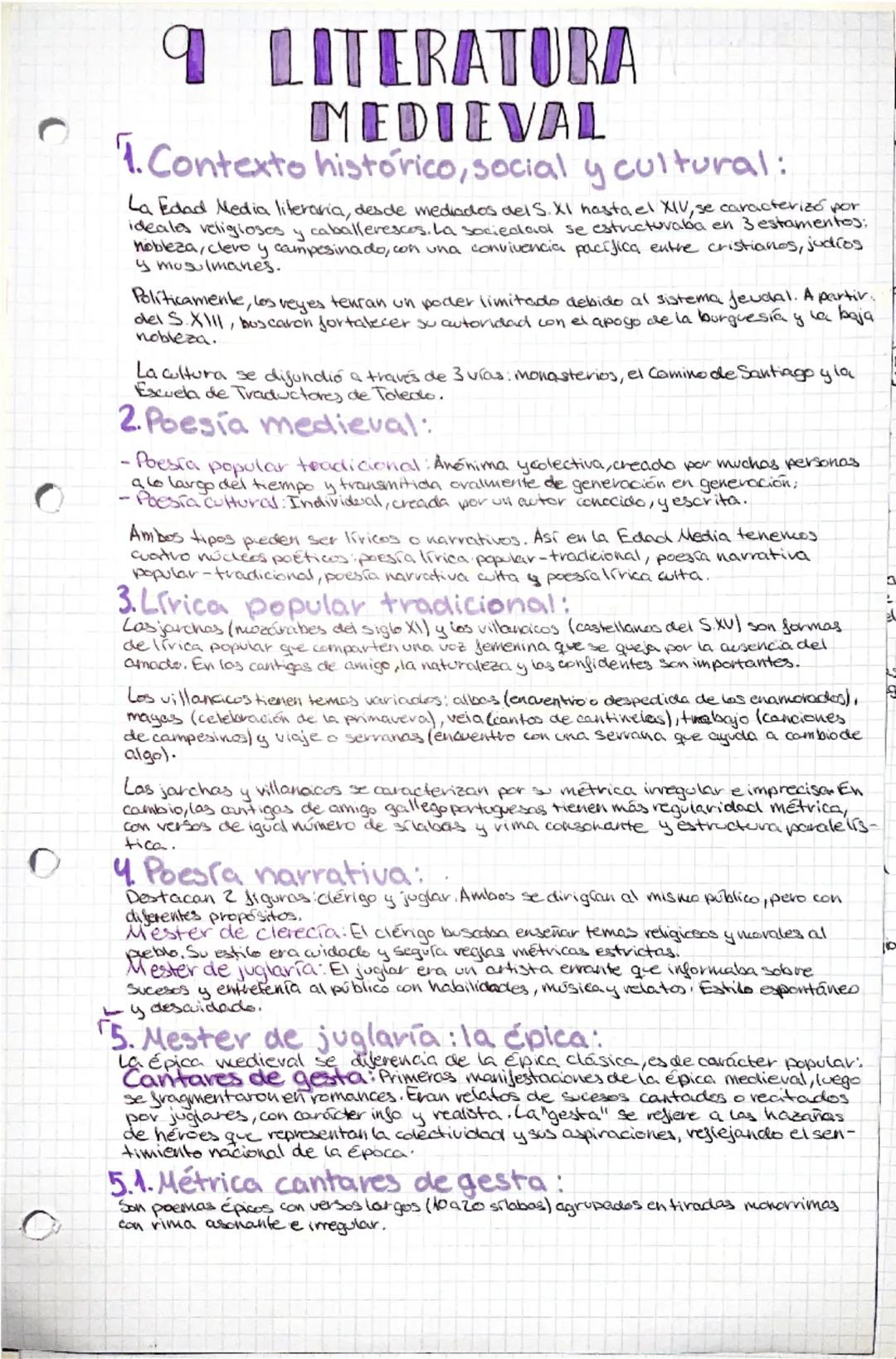 # 9 LITERATURA
MEDIEVAL

1. Contexto histórico, social y cultural:

La Edad Media literaria, desde mediados del s. XI hasta el XIV, se carac