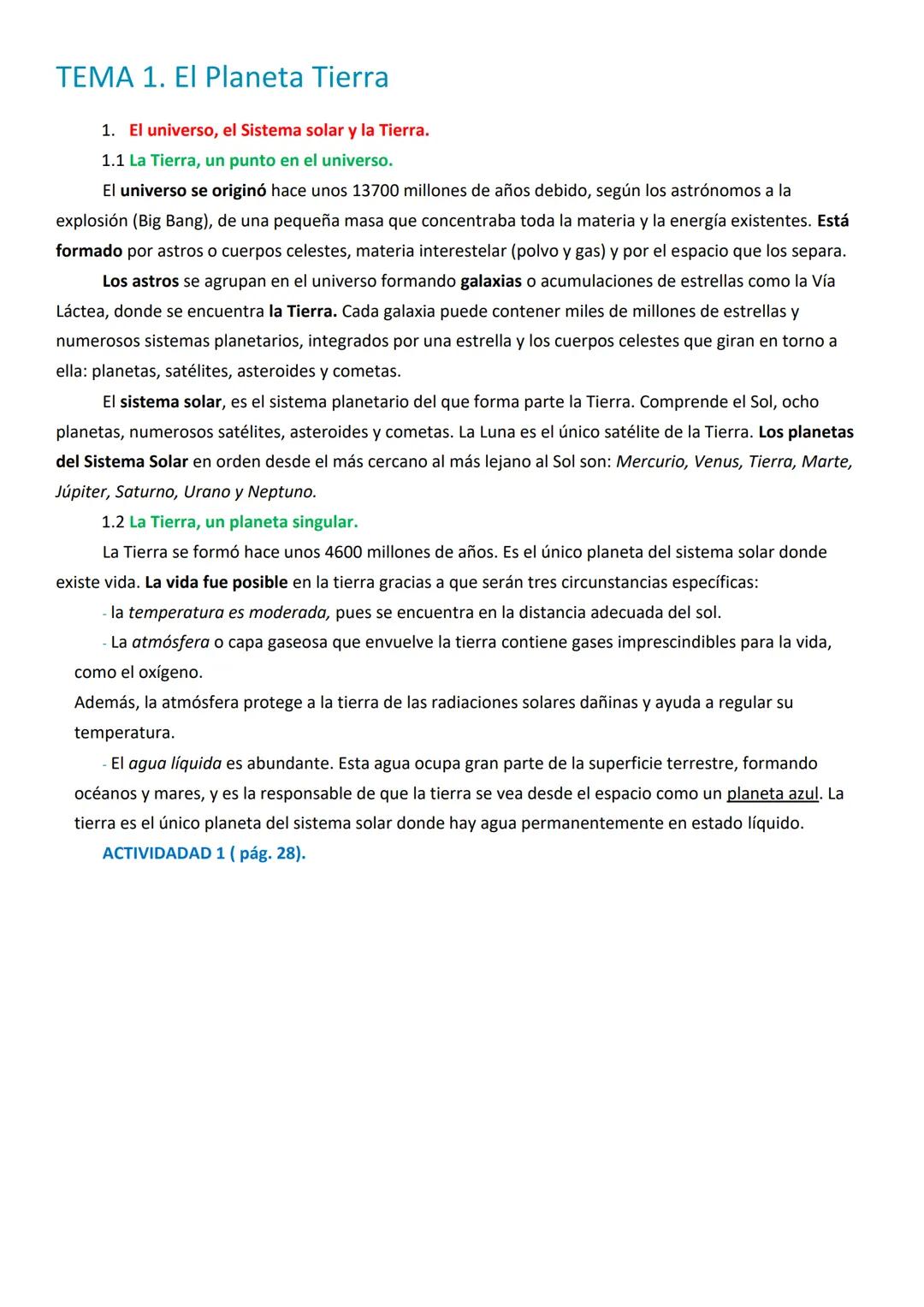 # TEMA 1. El Planeta Tierra

1.  El universo, el Sistema solar y la Tierra.

1.1 La Tierra, un punto en el universo.

El universo se originó