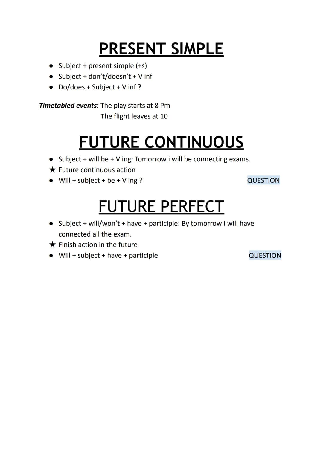 • Subject + will + V inf
• Subject + won't + V inf
• Will + subject + V inf?
WILL
Prediction: Robots will invade E.
Promises/offering: I wil
