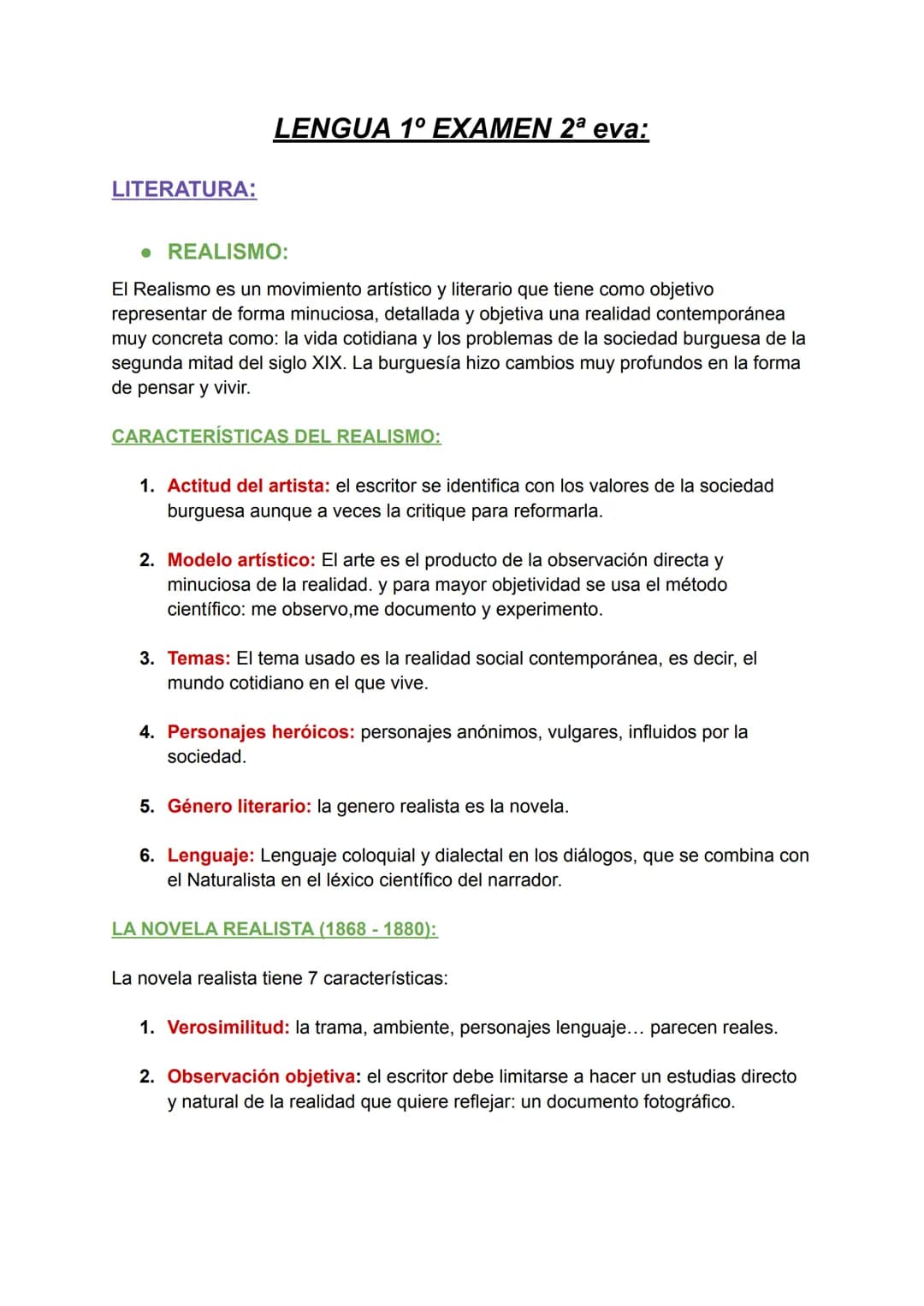 LITERATURA:
LENGUA 1° EXAMEN 2ª eva:
• REALISMO:
El Realismo es un movimiento artístico y literario que tiene como objetivo
representar de f