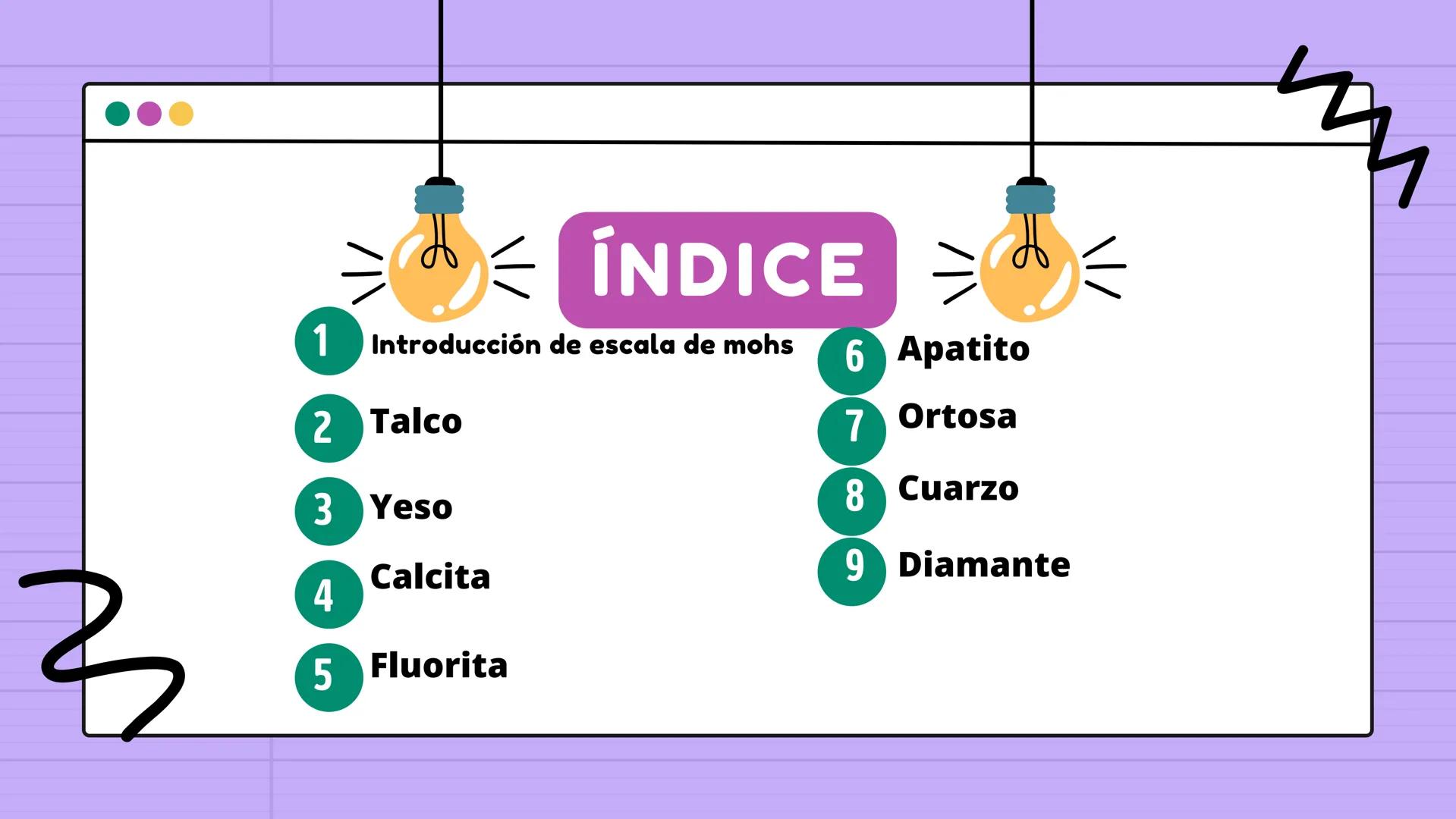 # ESCALA

de MOHS

1- TALCO
2-YESO
3-CALCITA
4- FLUORITA 5- APATITO
6-ORTOCLASA 7-CUARZO
8-TOPACIO 9- CORINDÓN 10-DIAMANTE

Presentado por L