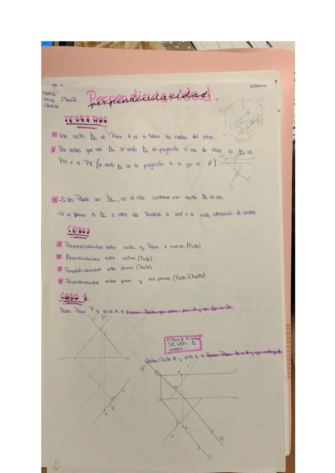 Perpendicularidad..
Una recta al Plano lo es a todas las rectas del plano.
Dos rectas que son se verán 1 en proyección si una de ellas
PH o 