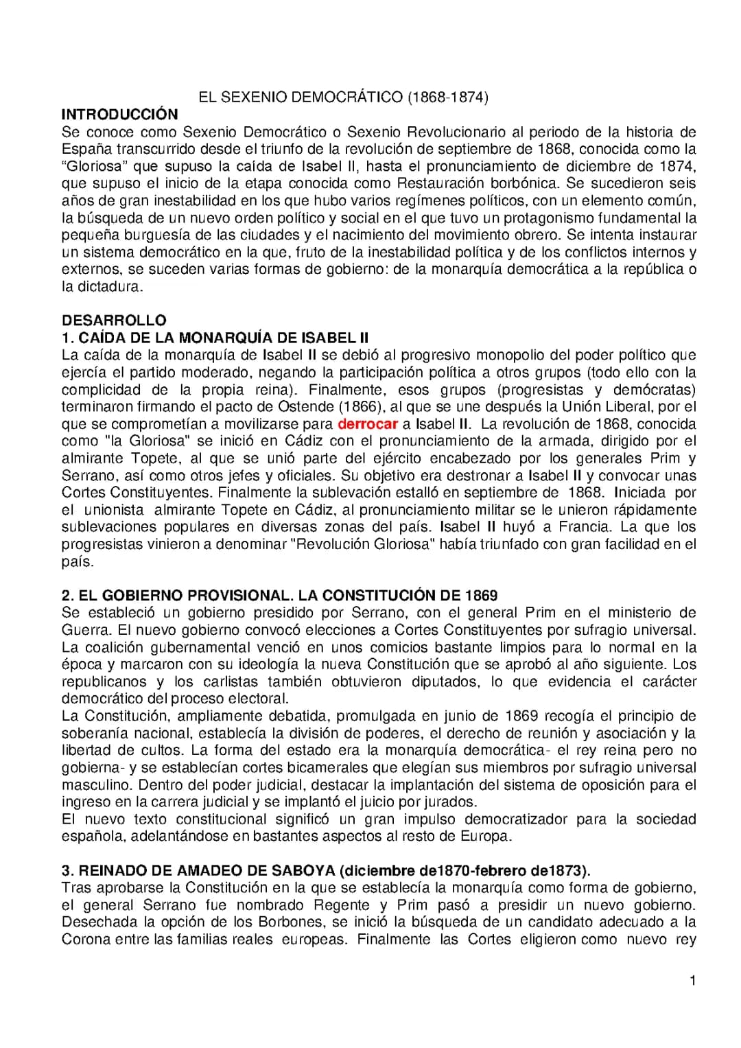 Resumen del Sexenio Democrático y Constitución de 1869 para EBAU y 2 Bachillerato