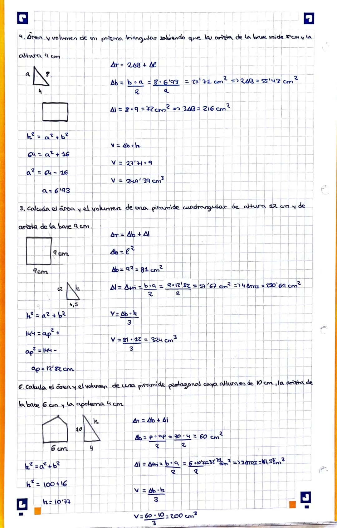 H
D
A
G
Áreas y volumenes de figuras geometricas
1. Cakula el área y el volumen de la siguiente figura:
a. Cubo que la cara de la arista mid