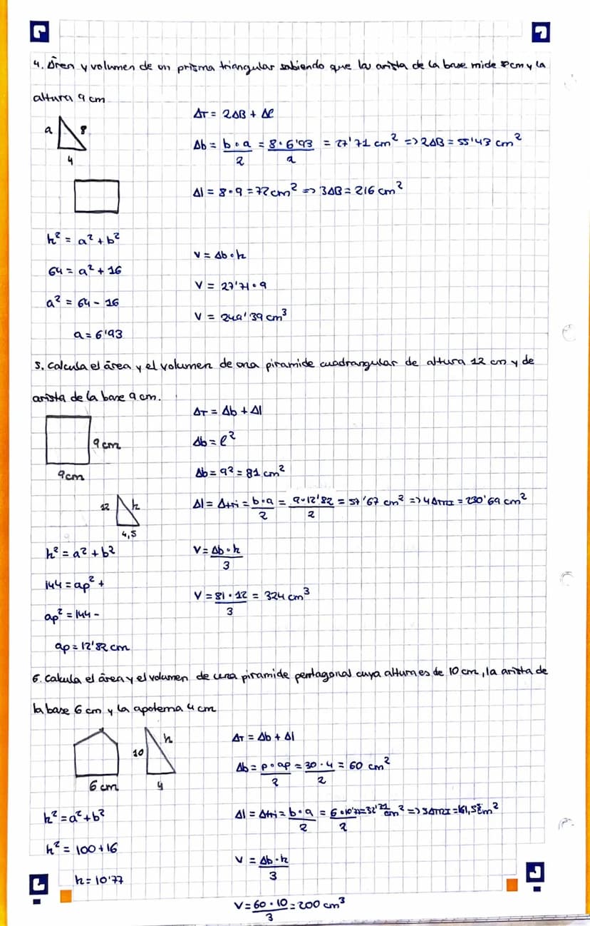 H
D
A
G
Áreas y volumenes de figuras geometricas
1. Cakula el área y el volumen de la siguiente figura:
a. Cubo que la cara de la arista mid