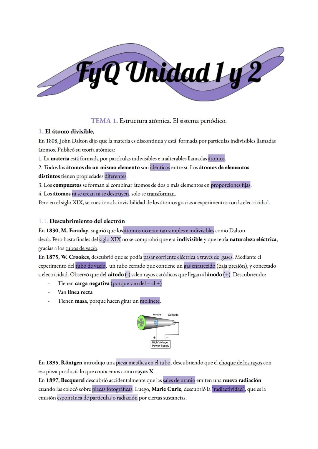 # FyQ Unidad 1 y 2

TEMA 1. Estructura atómica. El sistema periódico.

1. El átomo divisible.

En 1808, John Dalton dijo que la materia es d