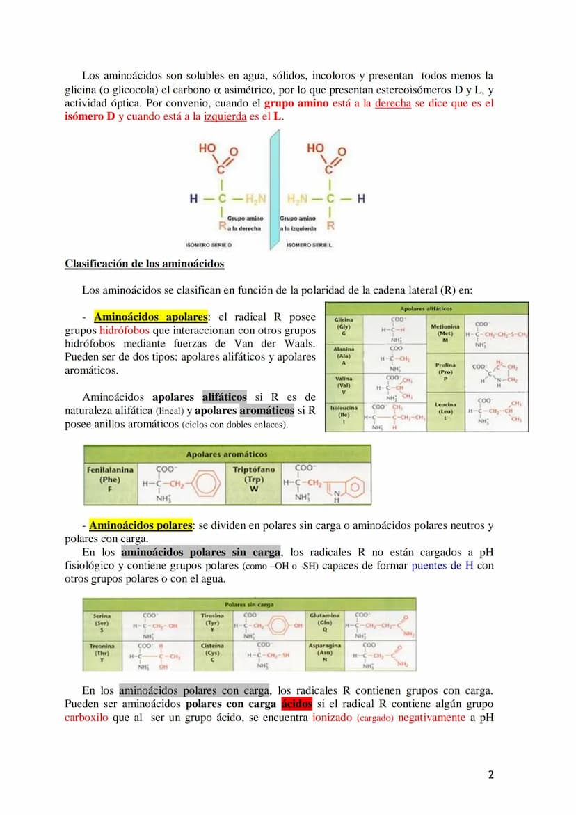 TEMA 4.- PROTEÍNAS
1. Aminoácidos proteicos: Estructura general. Carácter anfótero. Clasificación
según la cadena lateral: apolar, polar sin