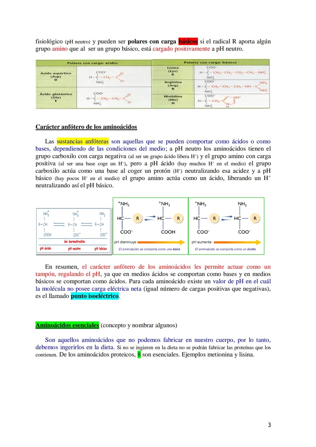 TEMA 4.- PROTEÍNAS
1. Aminoácidos proteicos: Estructura general. Carácter anfótero. Clasificación
según la cadena lateral: apolar, polar sin