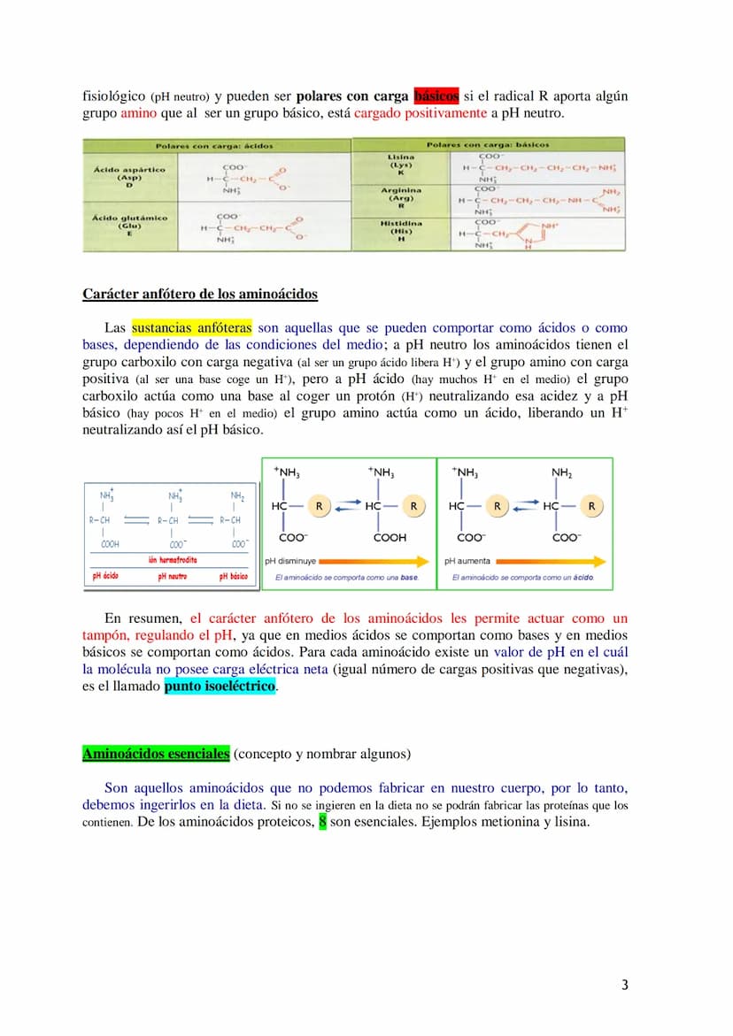 TEMA 4.- PROTEÍNAS
1. Aminoácidos proteicos: Estructura general. Carácter anfótero. Clasificación
según la cadena lateral: apolar, polar sin