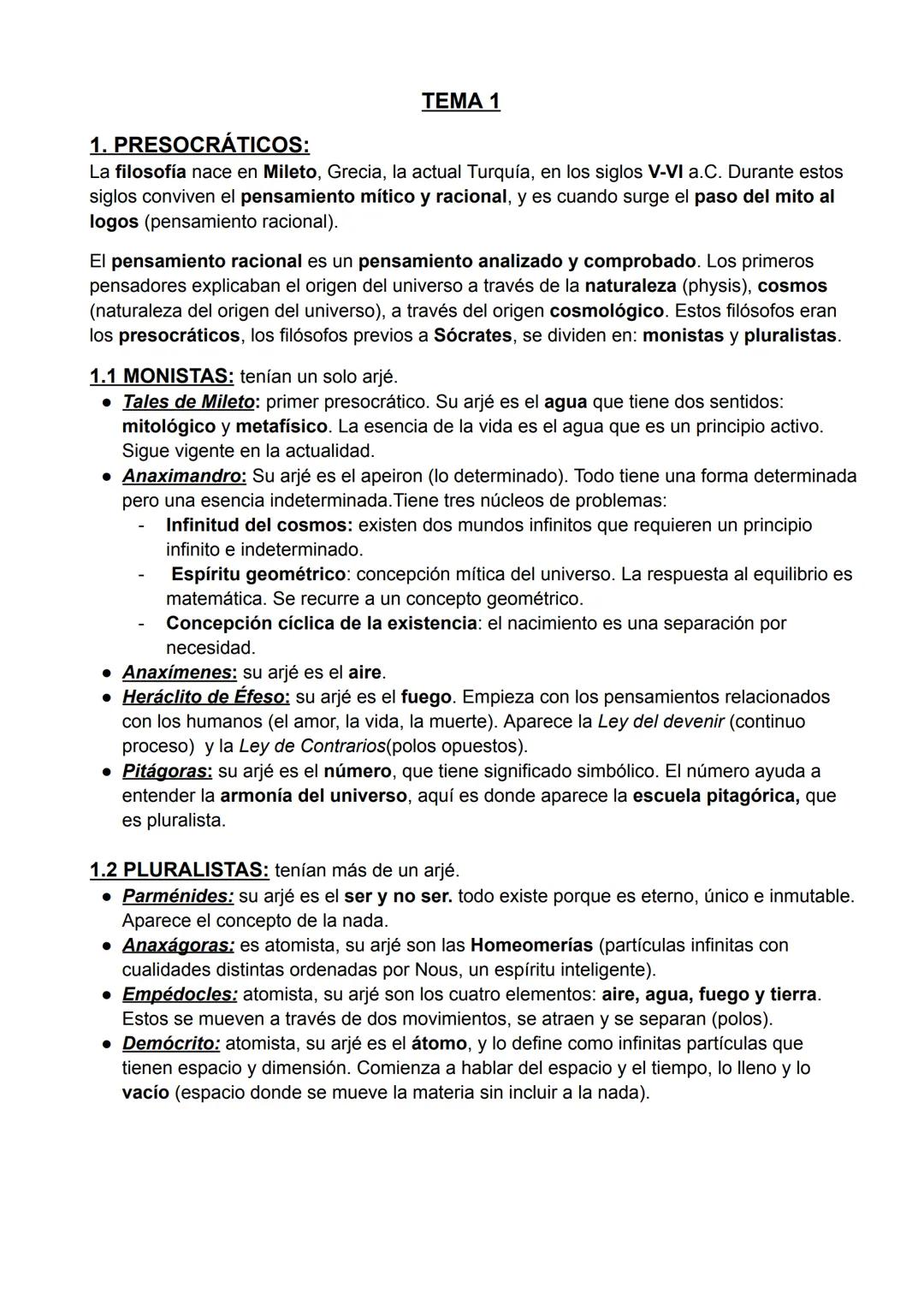 TEMA 1
1. PRESOCRÁTICOS:
La filosofía nace en Mileto, Grecia, la actual Turquía, en los siglos V-VI a.C. Durante estos
siglos conviven el pe