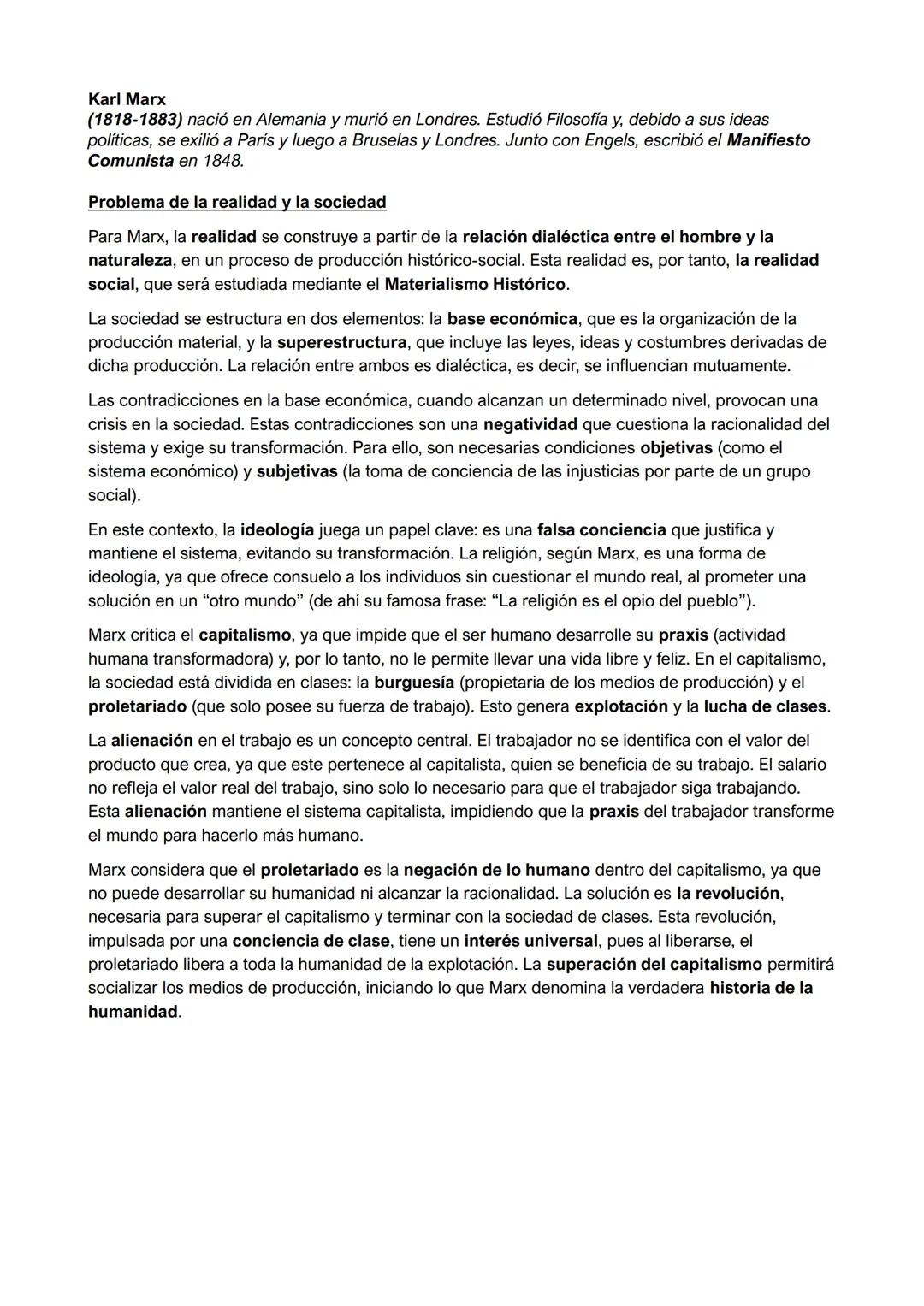 Karl Marx
(1818-1883) nació en Alemania y murió en Londres. Estudió Filosofía y, debido a sus ideas
políticas, se exilió a París y luego a B