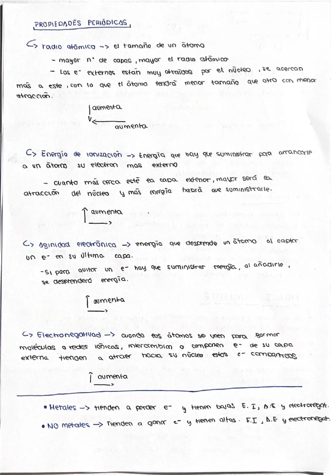 --- OCR Start ---
mas
PROPIEDADES PERIÓDICAS,
radio atómica -> el tamaño de un ātamo
mayor n de capas, mayor el radio atomico
Los e externos