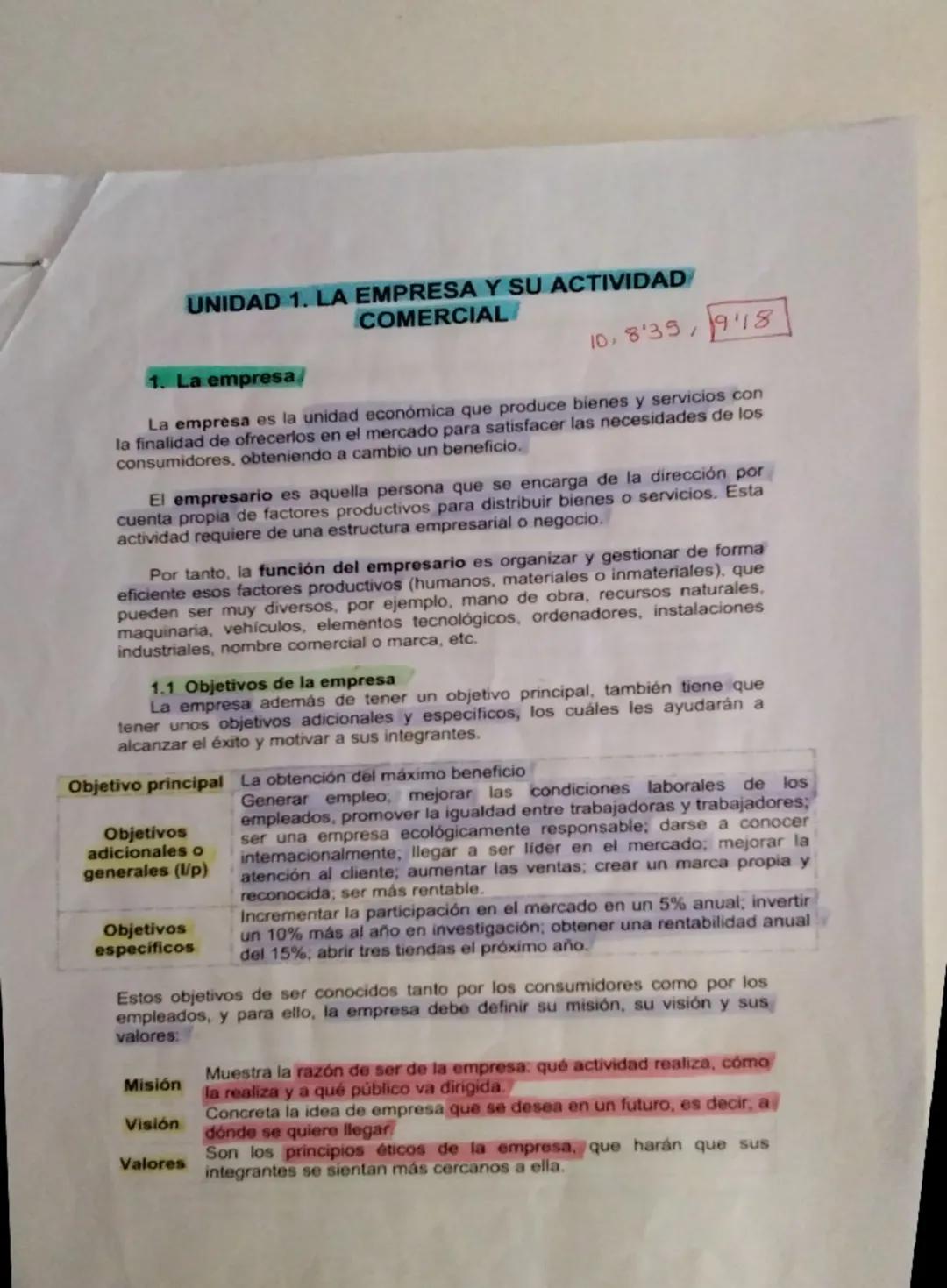 # UNIDAD 1. LA EMPRESA Y SU ACTIVIDAD
COMERCIAL
10, 8'35, 9/18

1. La empresa

La empresa es la unidad económica que produce bienes y servic