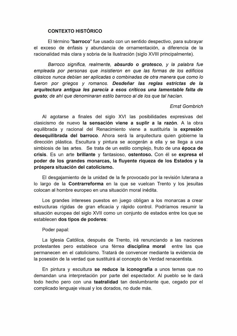 BARROCO CONTEXTO HISTÓRICO
El término "barroco" fue usado con un sentido despectivo, para subrayar
el exceso de énfasis y abundancia de orna