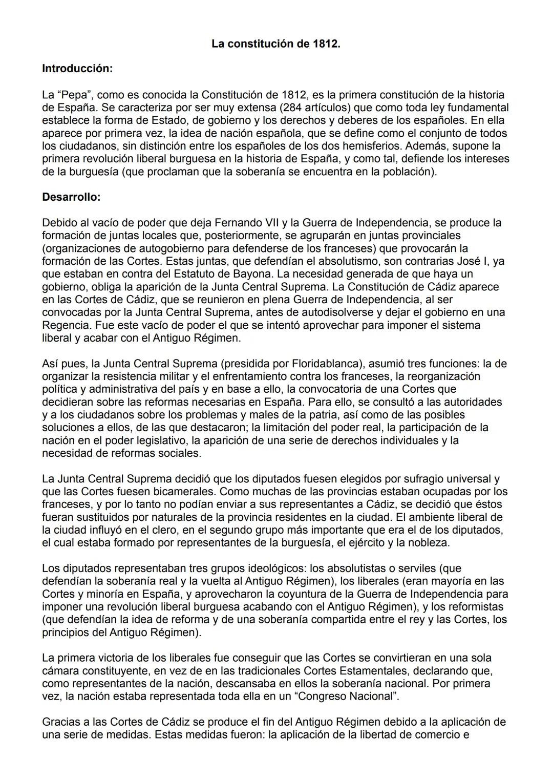 Introducción:
La constitución de 1812.
La "Pepa", como es conocida la Constitución de 1812, es la primera constitución de la historia
de Esp