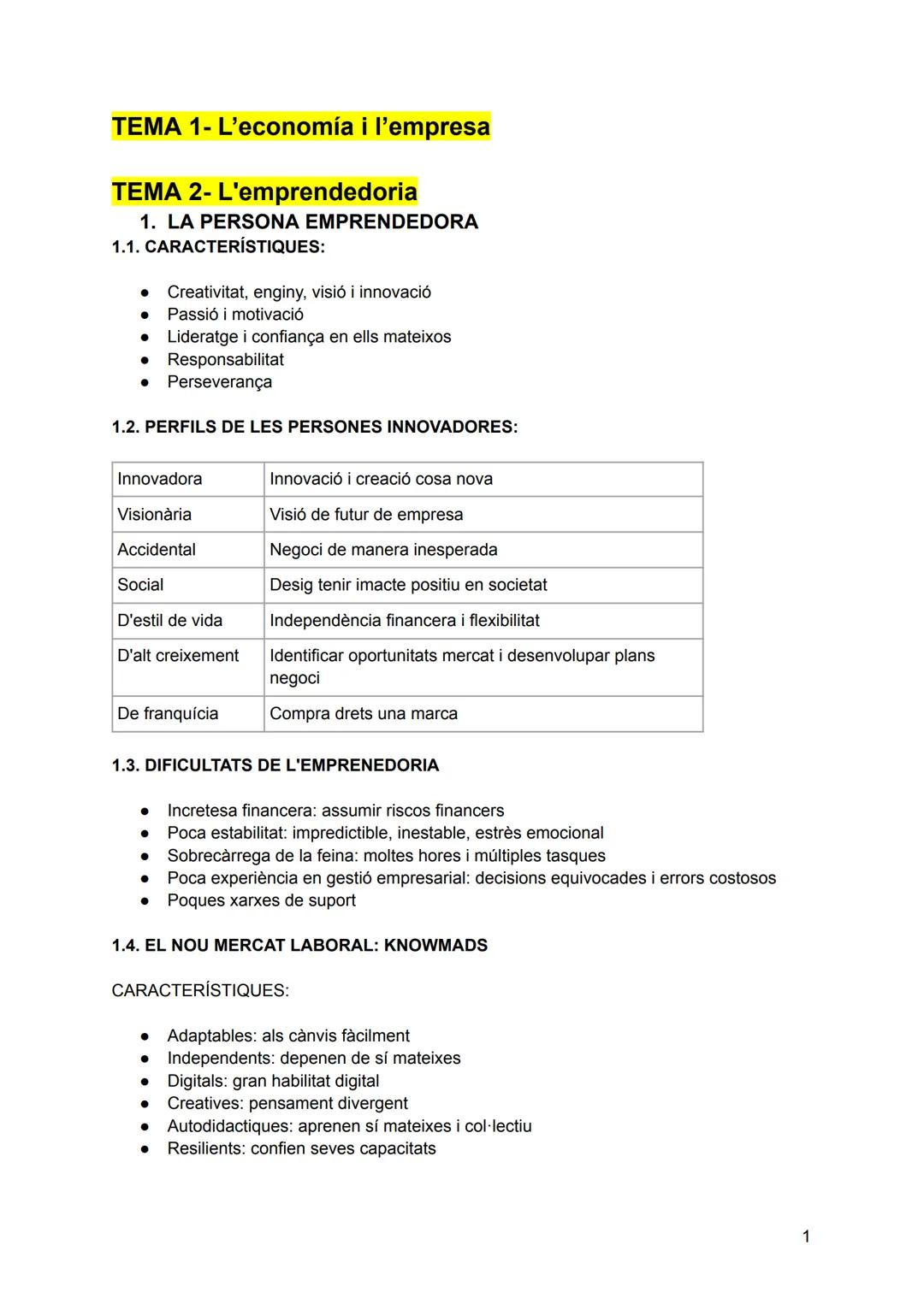 # TEMA 1- L'economía i l'empresa

# TEMA 2- L'emprendedoria

## 1. LA PERSONA EMPRENDEDORA

### 1.1. CARACTERÍSTIQUES:

- Creativitat, engin