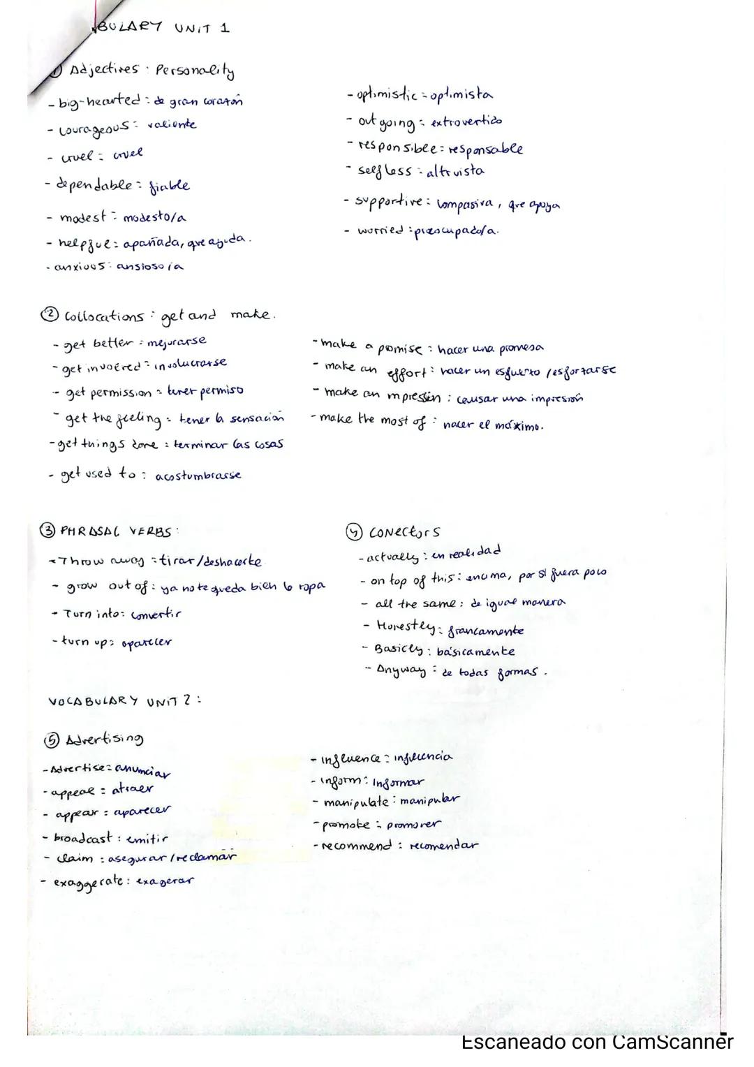 BULARY UNIT 1
Adjectives Personality.
-big-hearted: de
gran
•Courageous valiente
- crvel = covel
- dependable: fiable
modest modesto/a
helpf