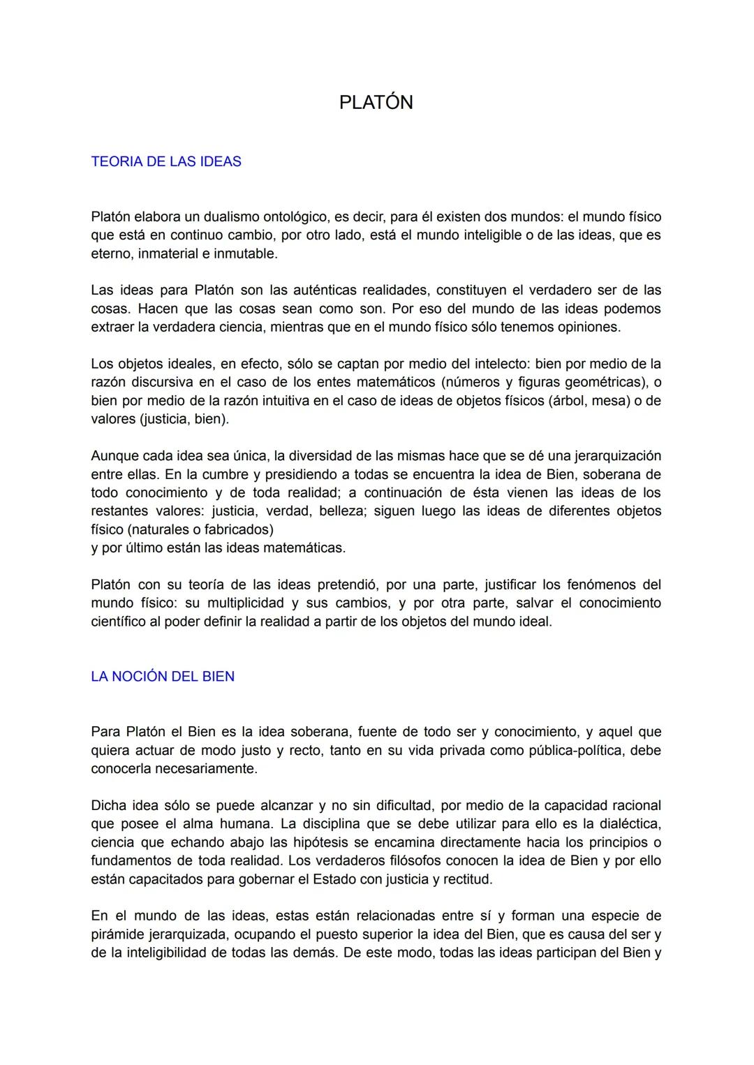 PLATON- sus teorias: de las ideas, del conocimiento, nocion del bien, dualismo antropológico 