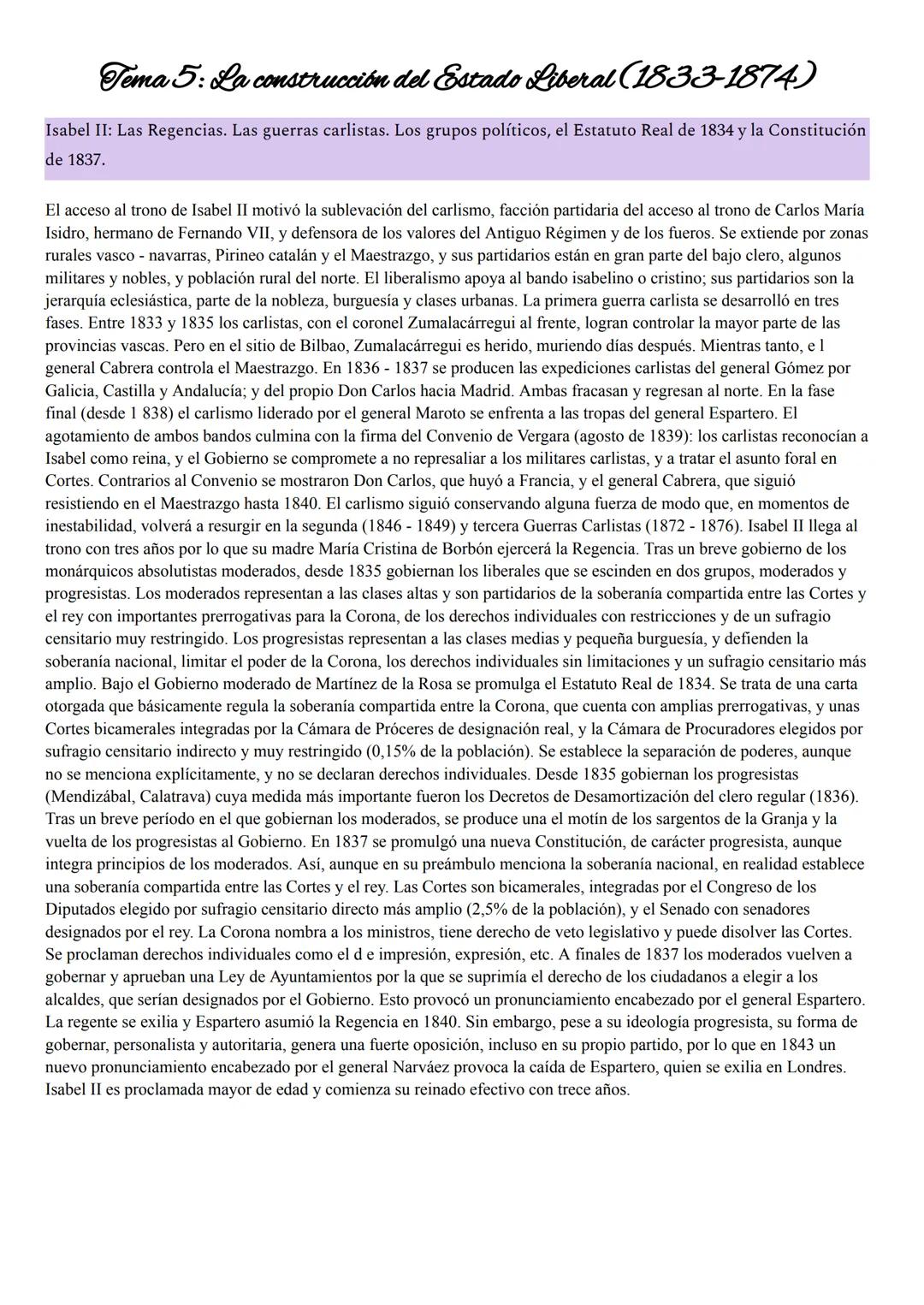 # Tema 5: La construcción del Estado Liberal (1833-1874)
Isabel II: Las Regencias. Las guerras carlistas. Los grupos políticos, el Estatuto 