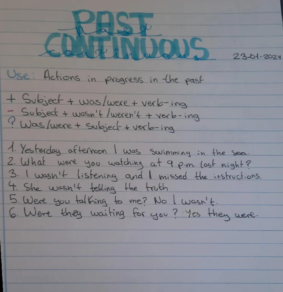 PAST
CONTINUOUS
Use: Actions in progress in the past
+ Subject + was / were + verb-ing.
- Subject + wasn't / weren't + verb-ing
? Was /were 
