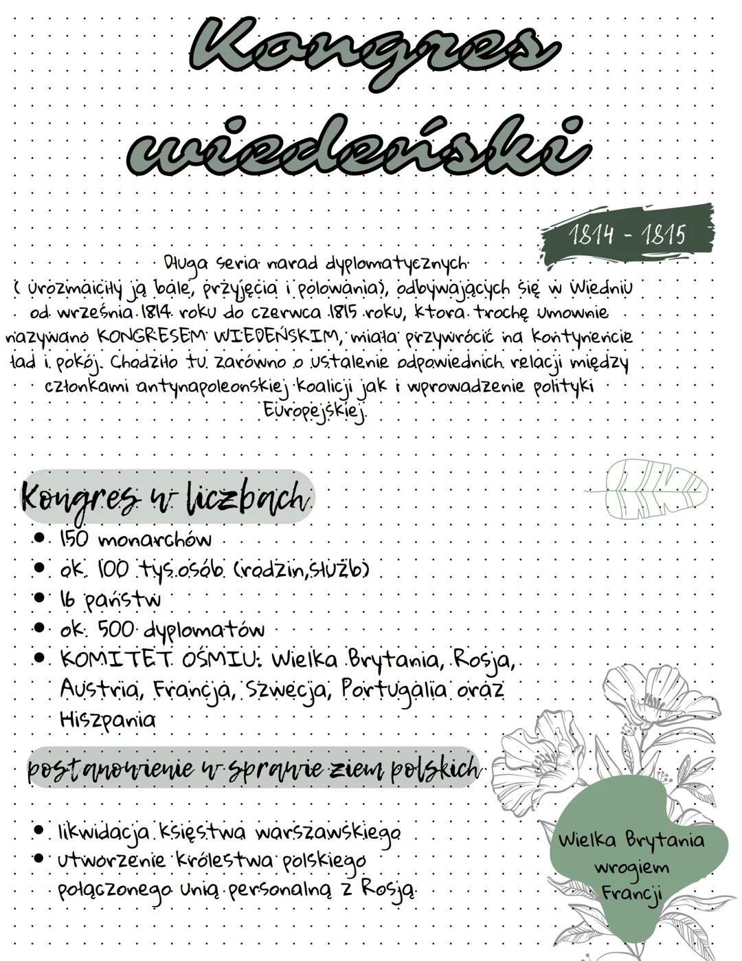# Kongres

wiedeński

1814-1815

Długa seria narad dyplomatycznych.

( urozmaicity ją bale, przyjęcia i polowania), odbywających się w Wiedn