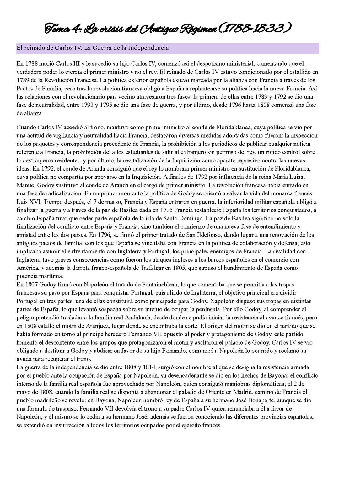 El reinado de Carlos IV. La Guerra de la Independencia