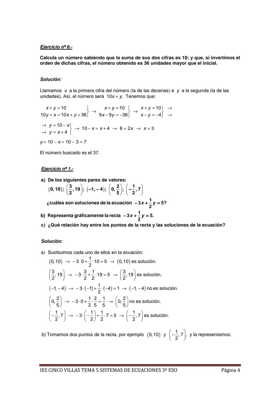 EJERCICIOS RESUELTOS MÍNIMOS TEMA 5 SISTEMAS DE ECUACIONES 3º ESO
Ejercicio nº 1.-
a) Representa gráficamente la recta 5x + 2y = 3.
b) ¿Cuán