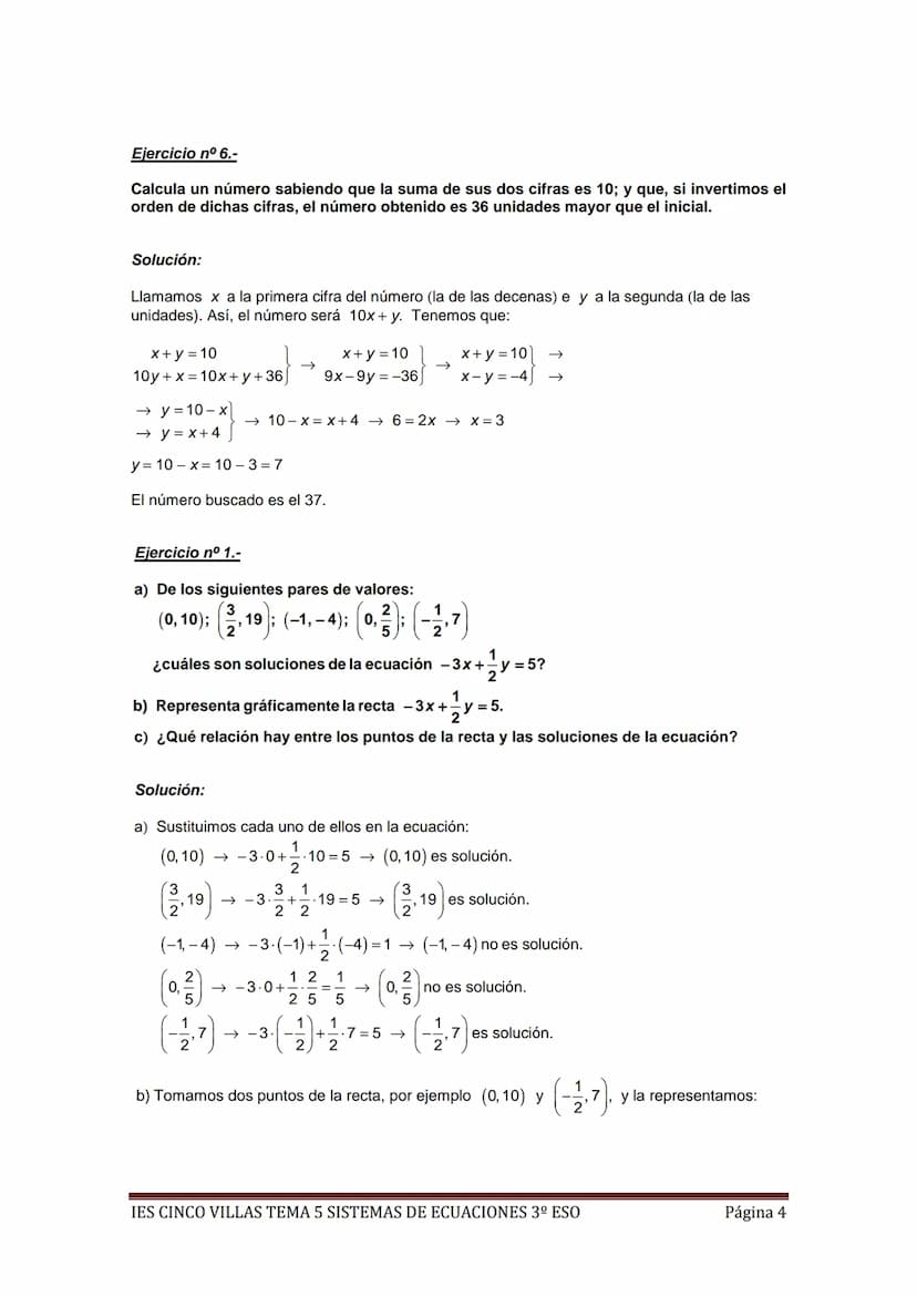 EJERCICIOS RESUELTOS MÍNIMOS TEMA 5 SISTEMAS DE ECUACIONES 3º ESO
Ejercicio nº 1.-
a) Representa gráficamente la recta 5x + 2y = 3.
b) ¿Cuán