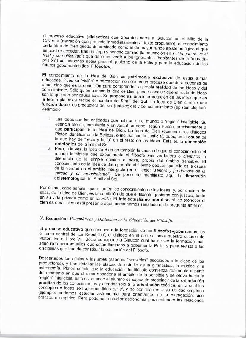PLATÓN. Examen corregido.
"Pues bien, querido Glaucón, debemos aplicar íntegra esta alegoría a lo que anteriormente ha
sido dicho, comparand