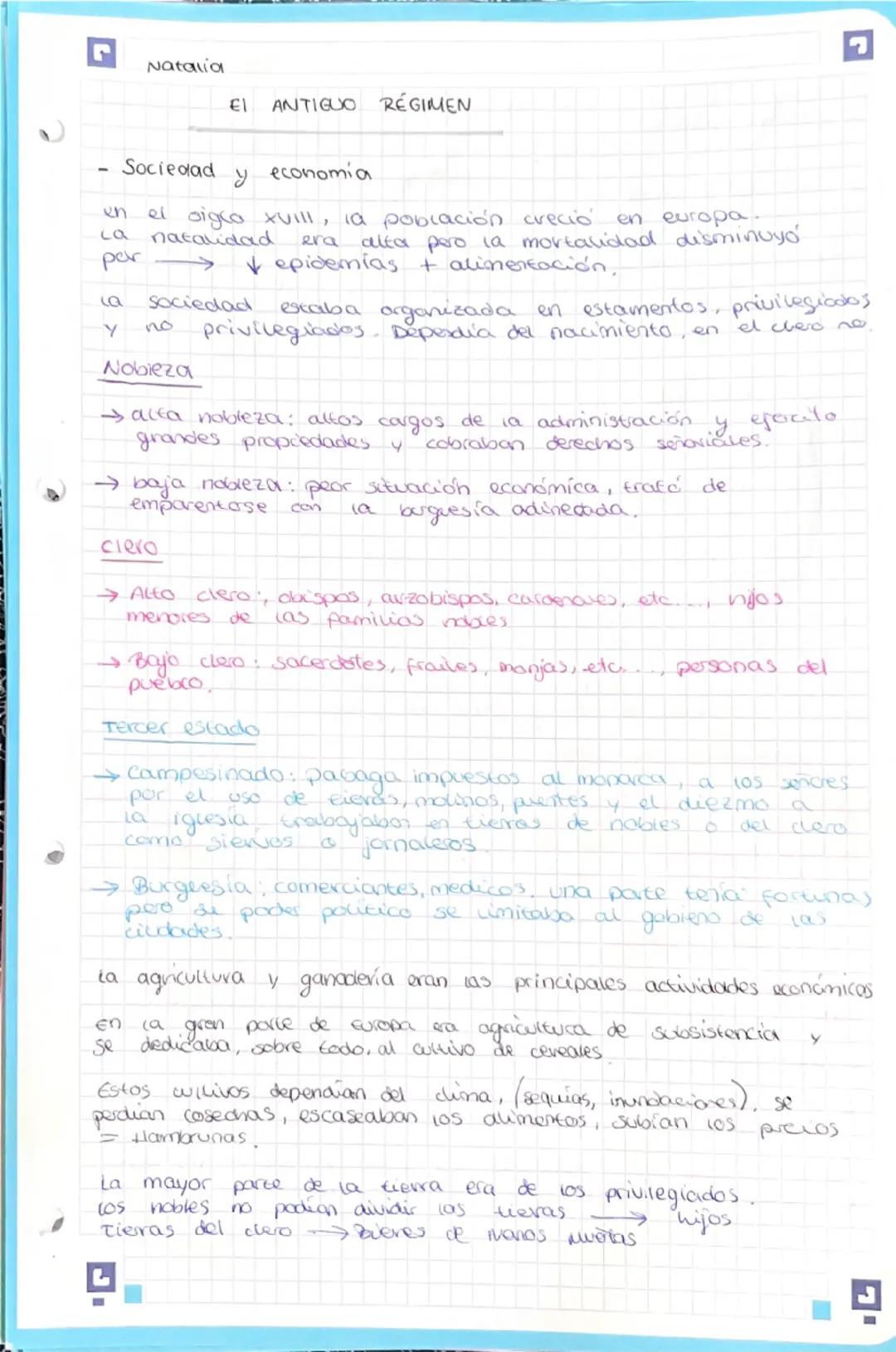 Natalia
EI ANTIGUO RÉGIMEN
- Sociedad y economia.
en el siglo XVIII, la población creció en europa.
La natalidad era alta pero la mortalidad