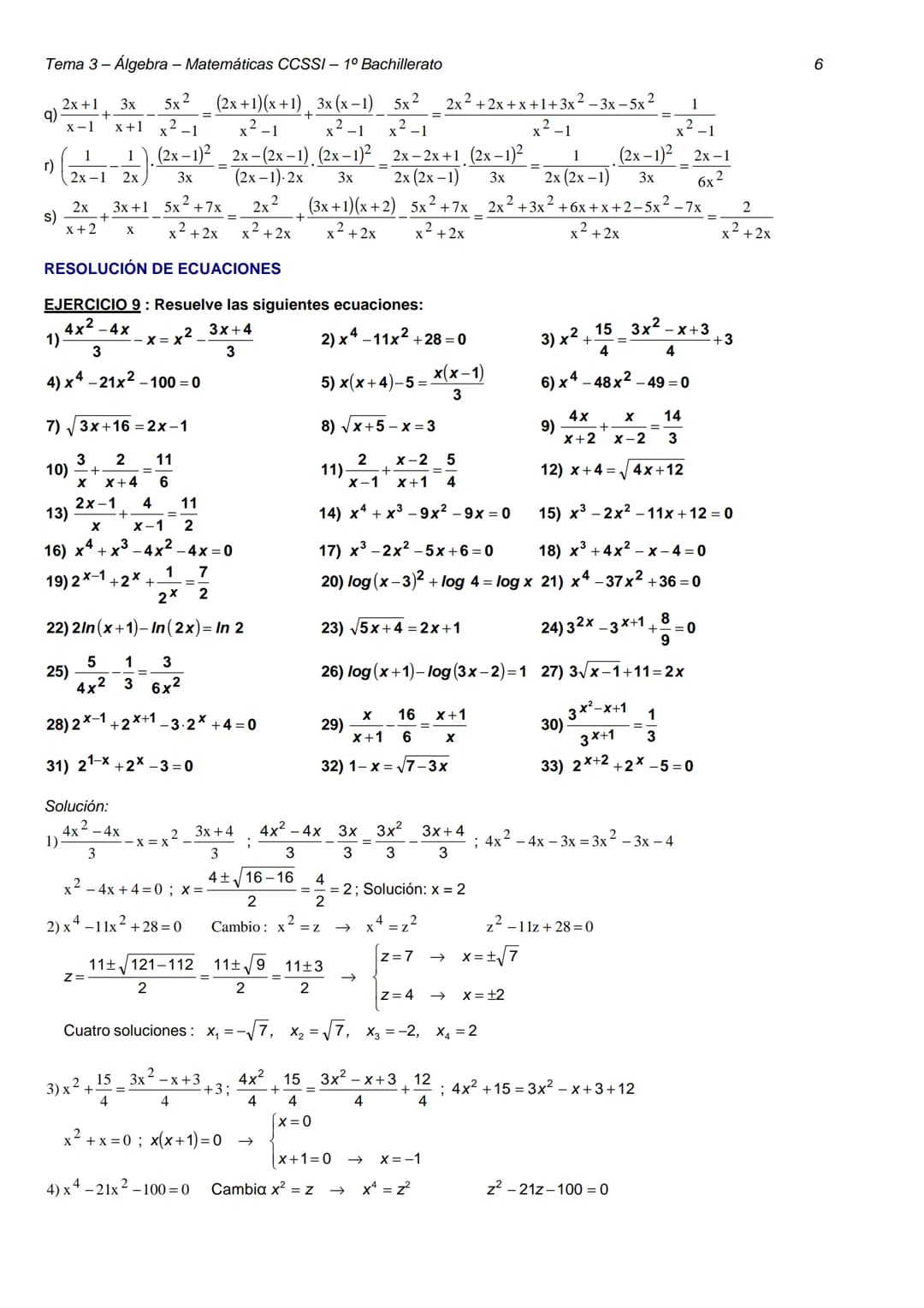 Tema 3 - Álgebra - Matemáticas CCSSI- 1º Bachillerato
TEMA 3 - ÁLGEBRA
DIVISIÓN DE POLINOMIOS
EJERCICIO 1: Realiza las siguientes operacione