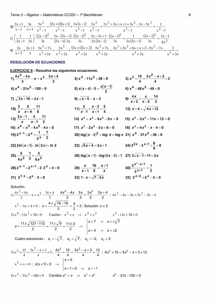Tema 3 - Álgebra - Matemáticas CCSSI- 1º Bachillerato
TEMA 3 - ÁLGEBRA
DIVISIÓN DE POLINOMIOS
EJERCICIO 1: Realiza las siguientes operacione
