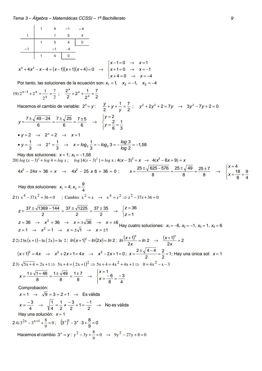 Tema 3 - Álgebra - Matemáticas CCSSI- 1º Bachillerato
TEMA 3 - ÁLGEBRA
DIVISIÓN DE POLINOMIOS
EJERCICIO 1: Realiza las siguientes operacione