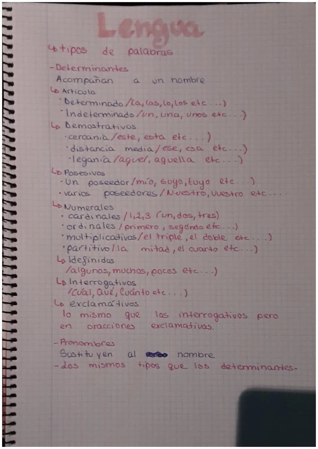 4 tipos de
-Determinantes
Acompañan
Lo Articulo
Lengua
de palabras
"
Determinado/la, las, lo, los etc...)
Indeterminado /un, una, unos etc..