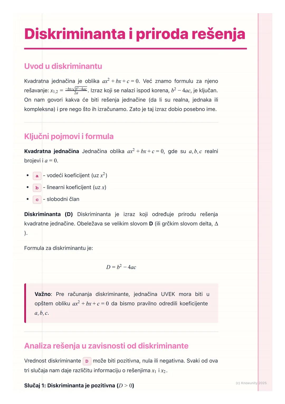 # Diskriminanta i priroda rešenja

Uvod u diskriminantu

Kvadratna jednačina je oblika $ax²+bx+c=0$. Već znamo formulu za njeno
rešavanje: $