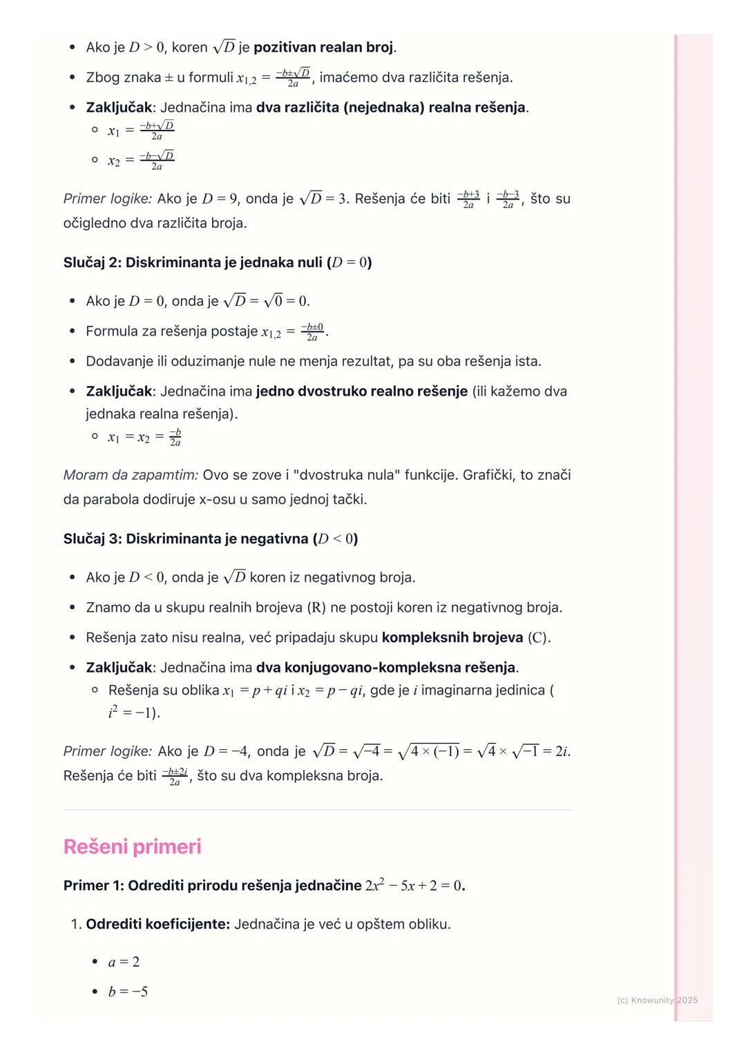 # Diskriminanta i priroda rešenja

Uvod u diskriminantu

Kvadratna jednačina je oblika $ax²+bx+c=0$. Već znamo formulu za njeno
rešavanje: $
