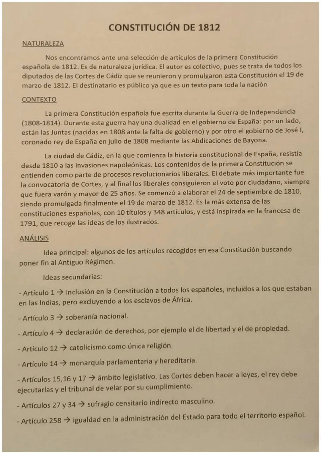 NATURALEZA
CONSTITUCIÓN DE 1812
Nos encontramos ante una selección de artículos de la primera Constitución
española de 1812. Es de naturalez