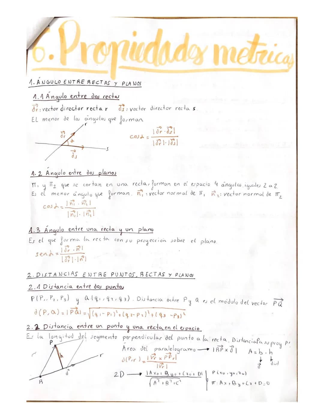 6. Propiedado metri
1. ÁNGULO ENTRE RECTAS Y PLANOS
1.1 Angulo entre dos rectas
dr: vector director recta r Js: vector director rectas.
El m