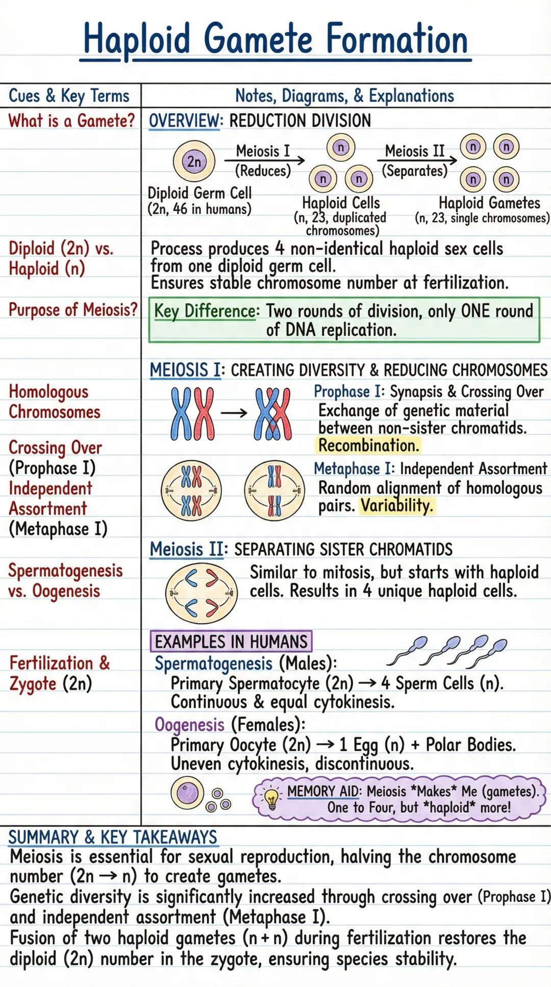 # Haploid Gamete Formation

| Cues & Key Terms | Notes, Diagrams, & Explanations |
| --- | --- |
| What is a Gamete? | OVERVIEW: REDUCTION D