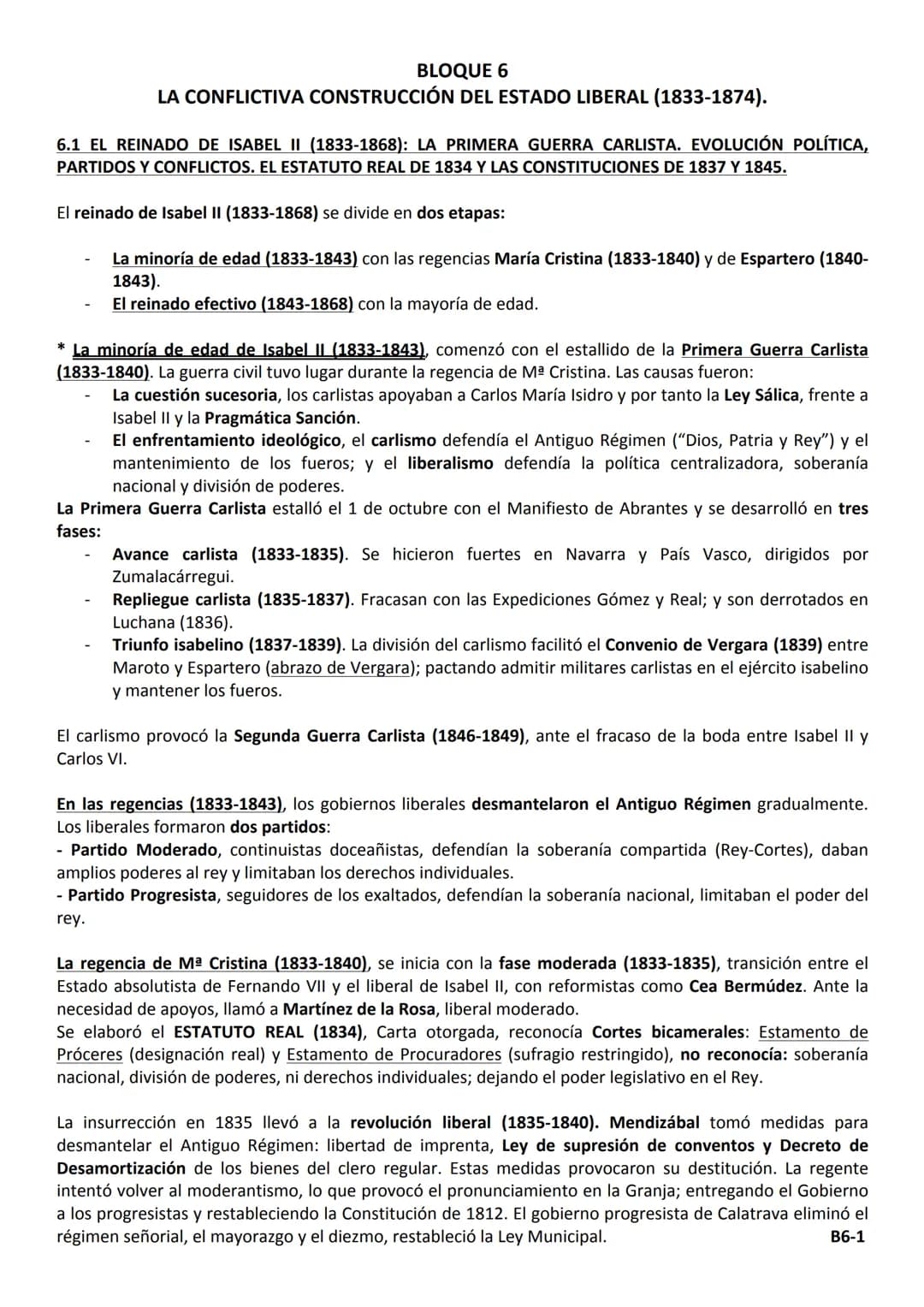 BLOQUE 6
LA CONFLICTIVA CONSTRUCCIÓN DEL ESTADO LIBERAL (1833-1874).
6.1 EL REINADO DE ISABEL II (1833-1868): LA PRIMERA GUERRA CARLISTA. EV