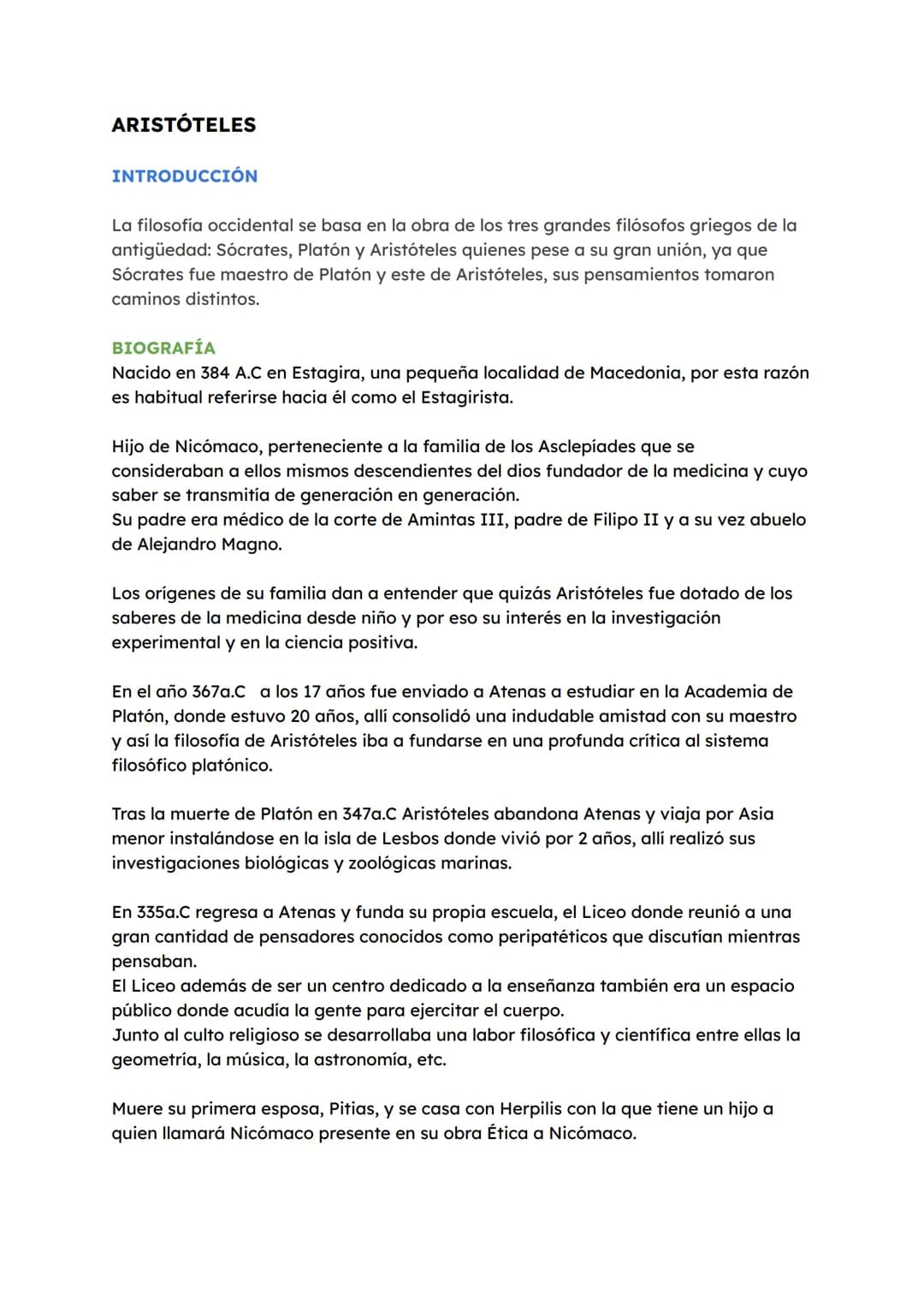 ARISTÓTELES
INTRODUCCIÓN
La filosofía occidental se basa en la obra de los tres grandes filósofos griegos de la
antigüedad: Sócrates, Platón
