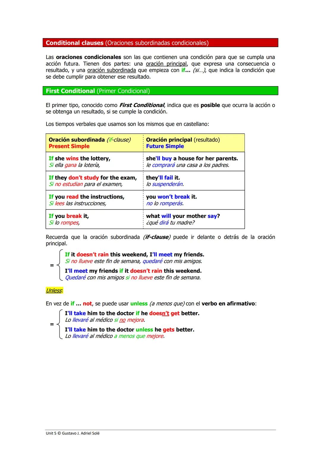 Conditional clauses (Oraciones subordinadas condicionales)
Las oraciones condicionales son las que contienen una condición para que se cumpl