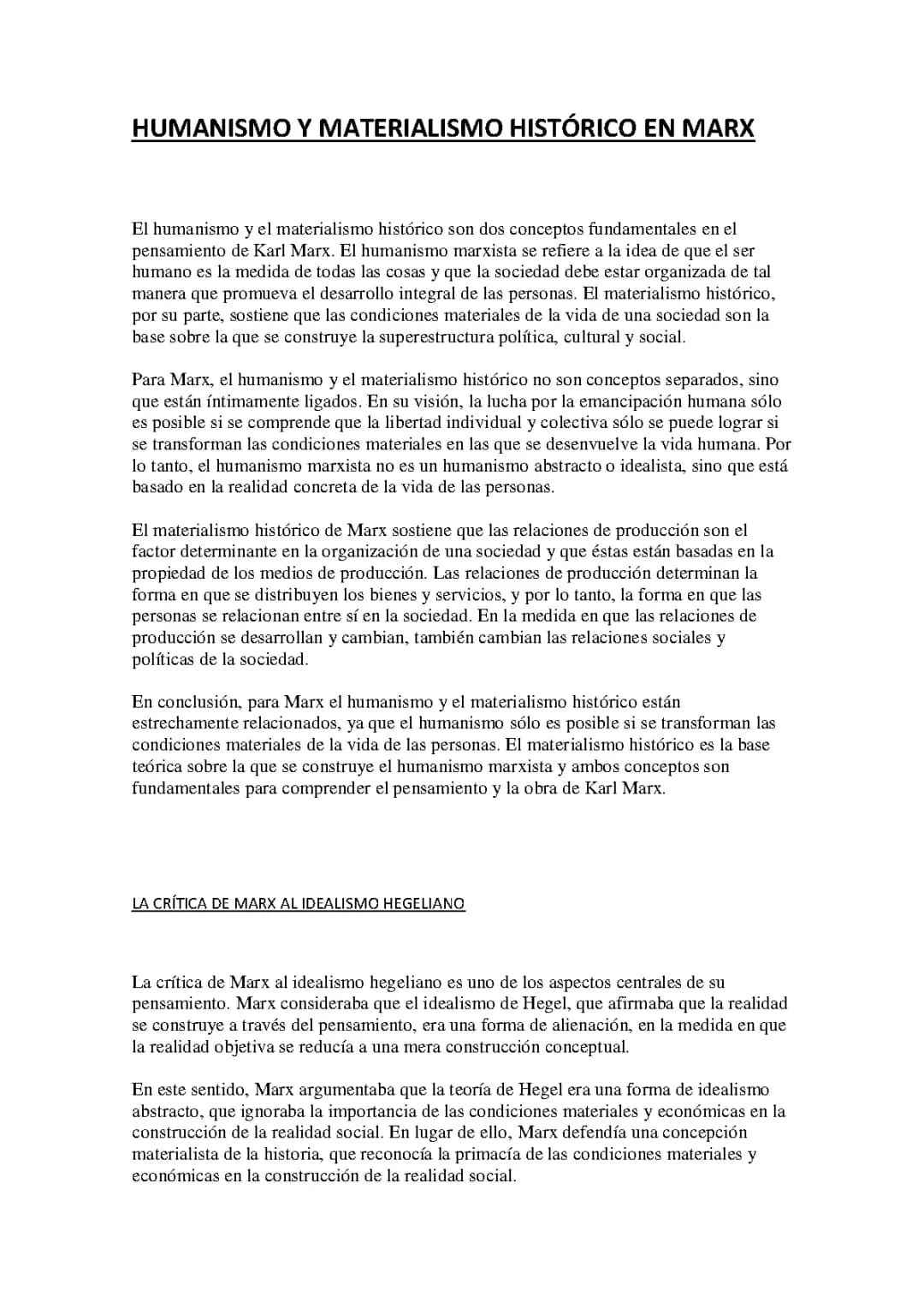 HUMANISMO Y MATERIALISMO HISTÓRICO EN MARX