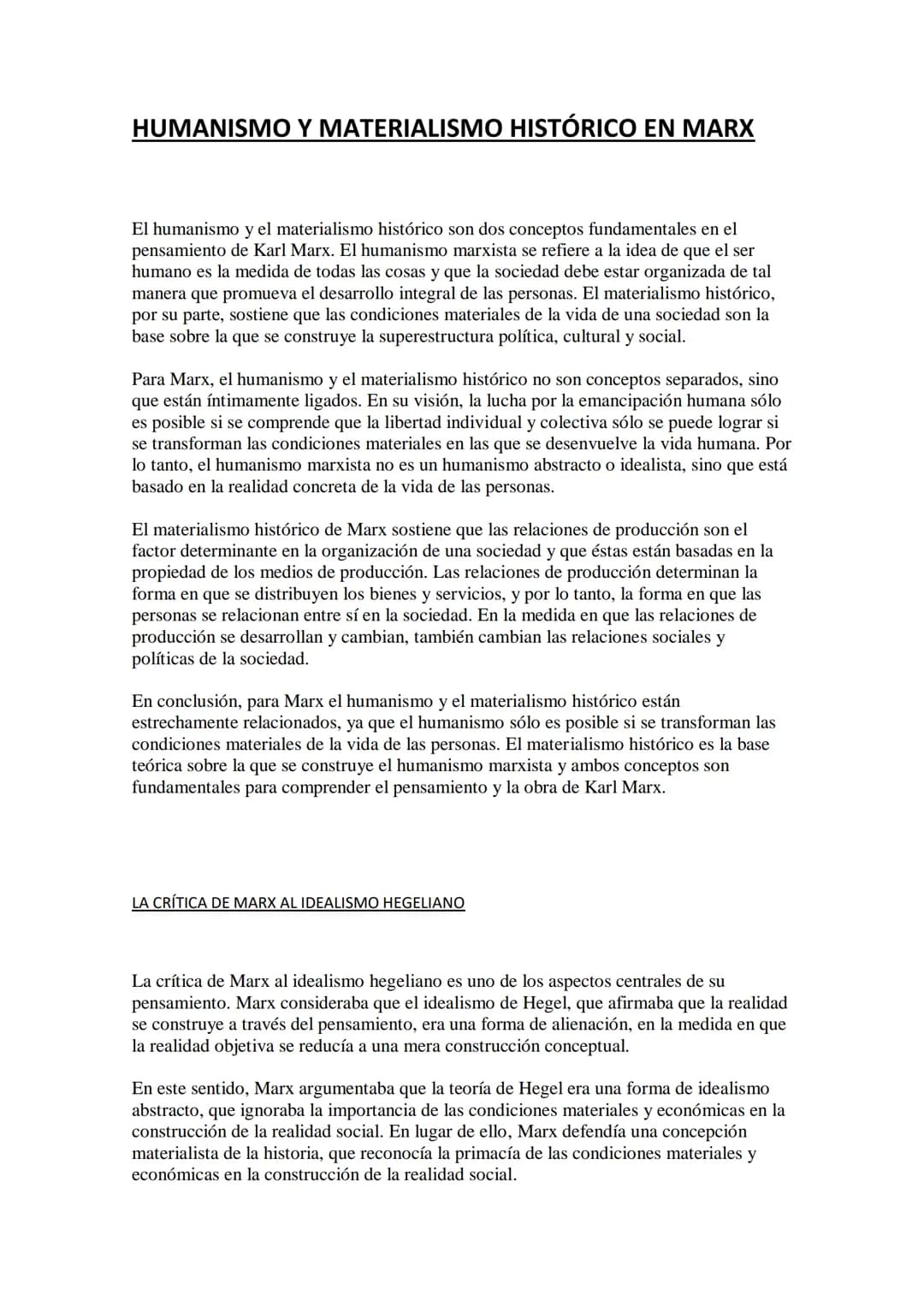 HUMANISMO Y MATERIALISMO HISTÓRICO EN MARX
El humanismo y el materialismo histórico son dos conceptos fundamentales en el
pensamiento de Kar