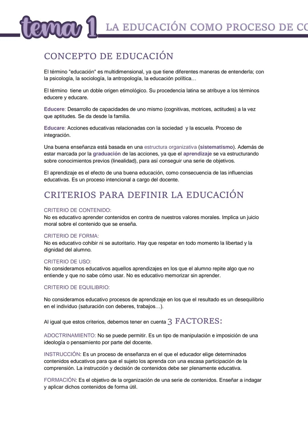 tema 1 LA EDUCACIÓN
LA EDUCACIÓN COMO PROCESO DE CO
CONCEPTO DE EDUCACIÓN
El término "educación" es multidimensional, ya que tiene diferente