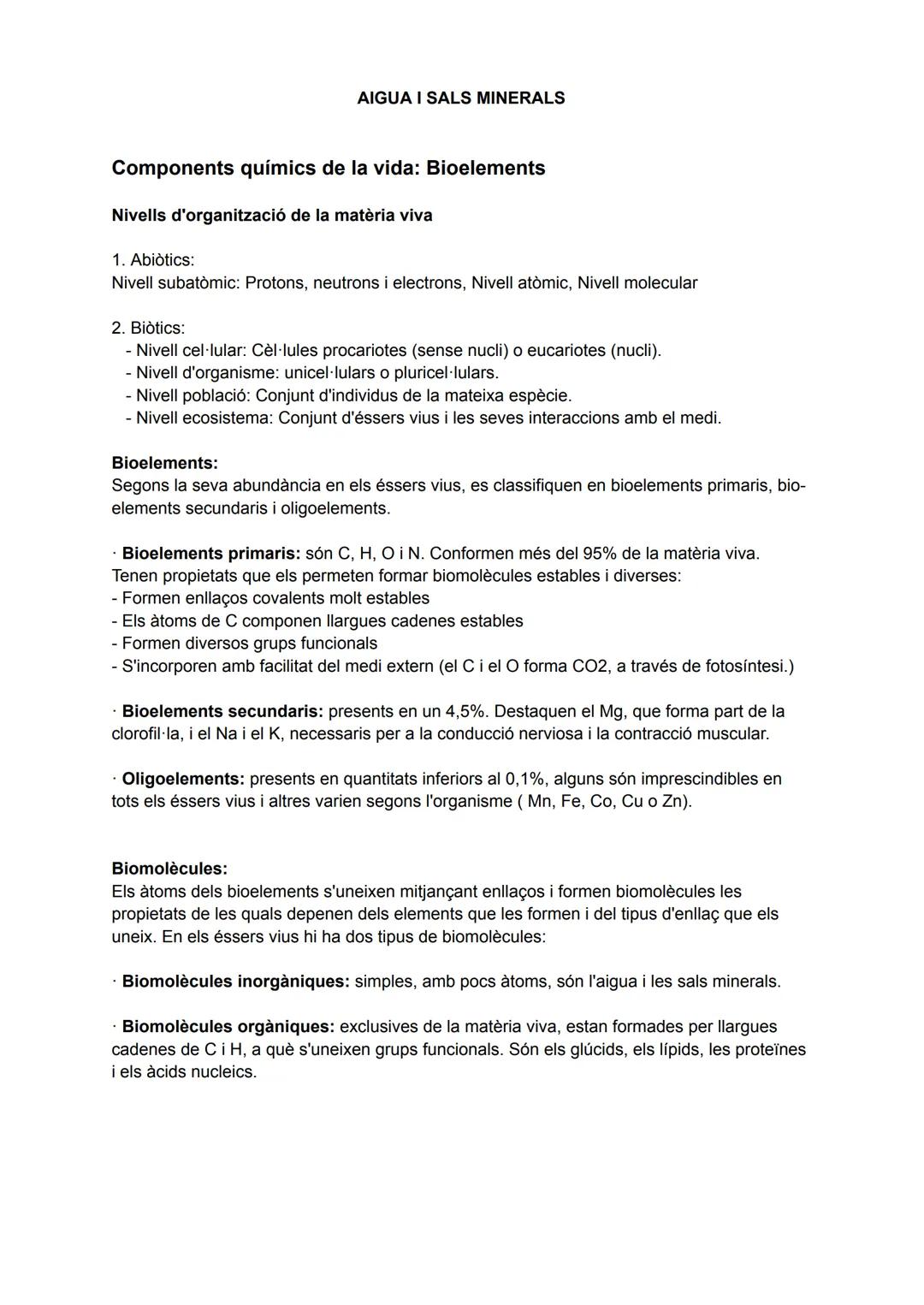 # AIGUA I SALS MINERALS

Components químics de la vida: Bioelements

Nivells d'organització de la matèria viva

1. Abiòtics:
Nivell subatòmi