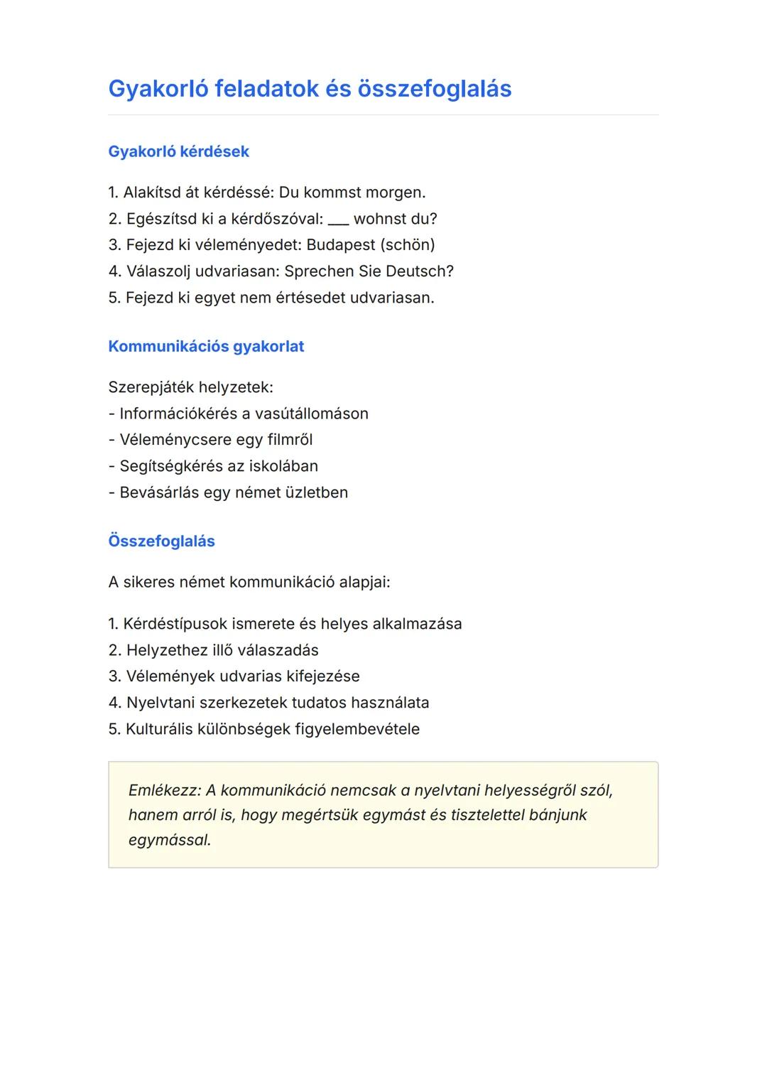 Német kommunikáció:
kérdések, válaszok és
vélemények
Német nyelvű kommunikációs helyzetek és nyelvtani szerkezetek
Német • Grade 8 • Hungary